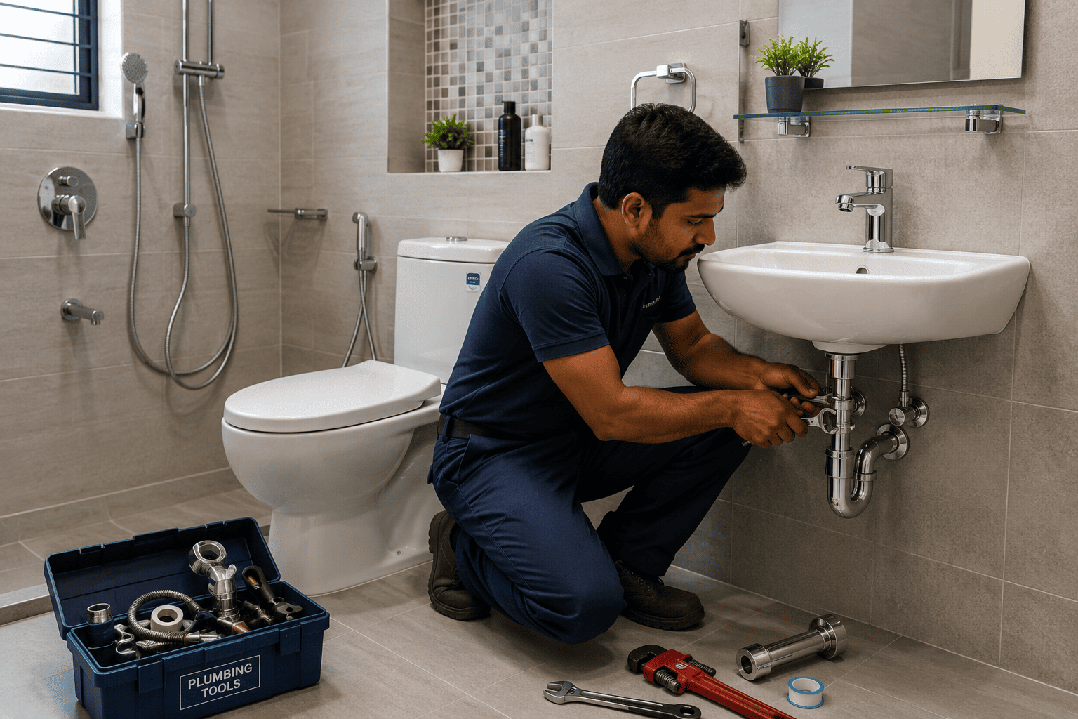 Bathroom fittings installation - wash basin, toilet, shower and tap fitting service in Trichy